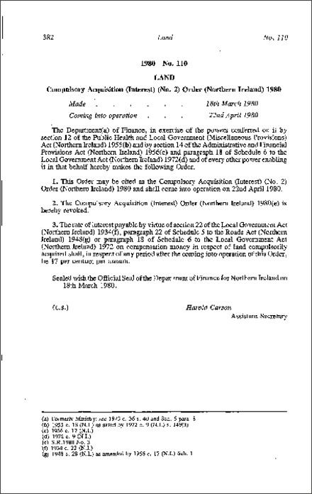 The Compulsory Acquisition (Interest) (No. 2) Order (Northern Ireland) 1980