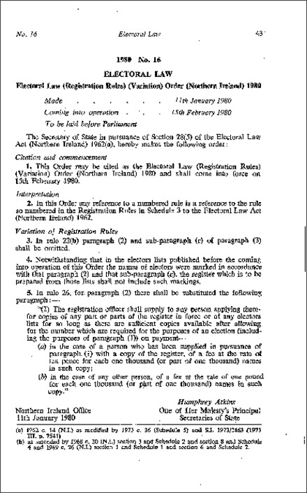 The Electoral Law (Registration Rules) (Variation) Order (Northern Ireland) 1980