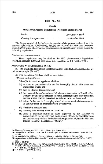 The Milk (Amendment) Regulations (Northern Ireland) 1980