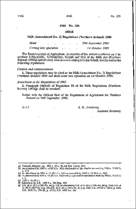 The Milk (Amendment No. 2) Regulations (Northern Ireland) 1980