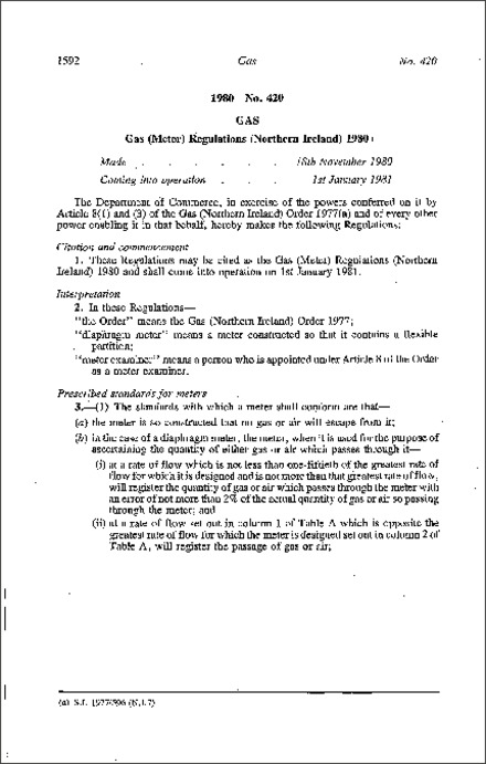 The Gas (Meter) Regulations (Northern Ireland) 1980
