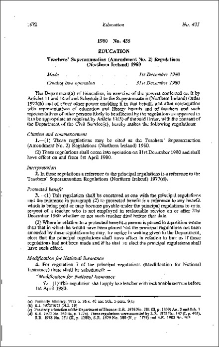 The Teachers' Superannuation (Amendment No. 2) Regulations (Northern Ireland) 1980