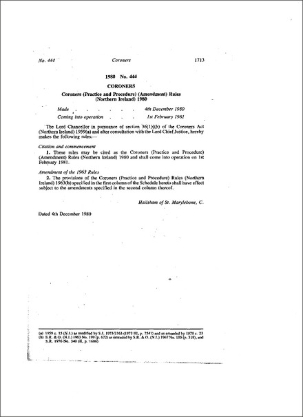 The Coroners (Practice and Procedure) (Amendment) Rules (Northern Ireland) 1980