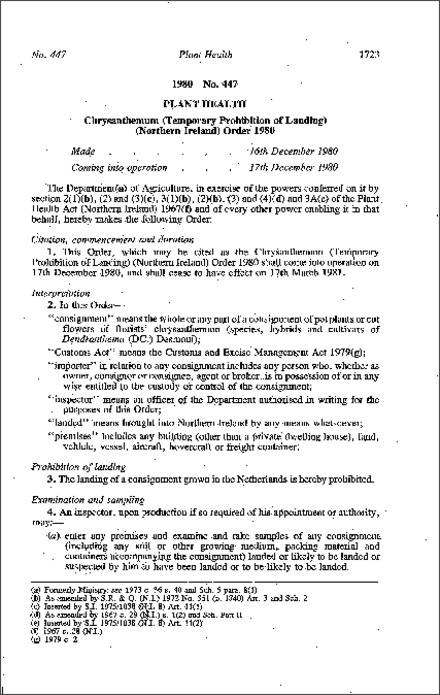 The Chrysanthemum (Temporary Prohibition of Landing) Order (Northern Ireland) 1980