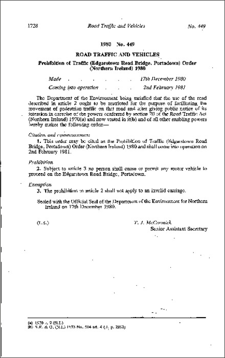 The Prohibition of Traffic (Edgarstown Road Bridge, Portadown) Order (Northern Ireland) 1980