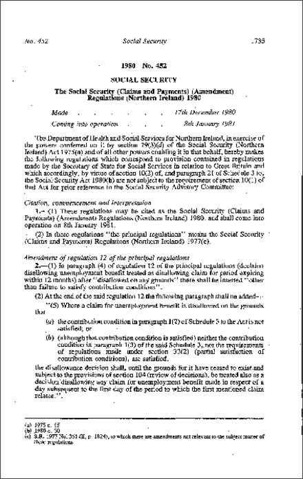 The Social Security (Claims and Payments) (Amendment) Regulations (Northern Ireland) 1980