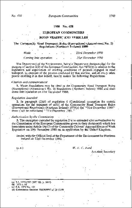 The Community Road Transport Rules (Exemptions) (Amendment No. 2) Regulations (Northern Ireland) 1980