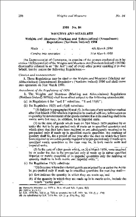 The Weights and Measures (Marking and Abbreviations) (Amendment) Regulations (Northern Ireland) 1980