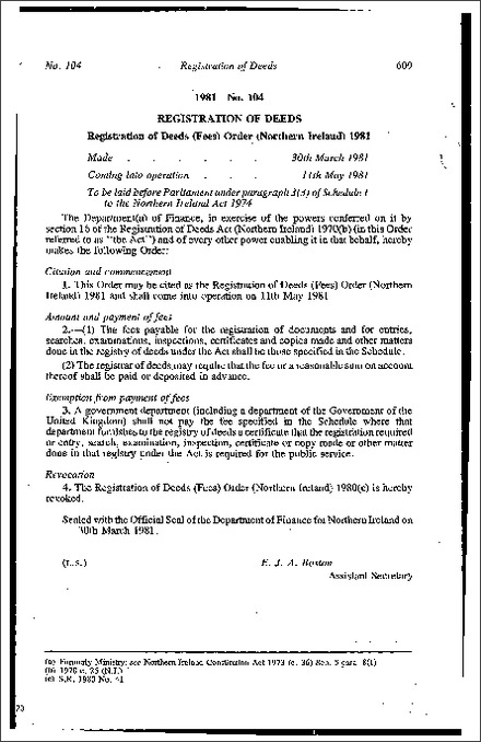 The Registration of Deeds (Fees) Order (Northern Ireland) 1981