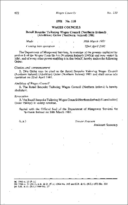 The Retail Bespoke Tailoring Wages Council (Abolition) Order (Northern Ireland) 1981