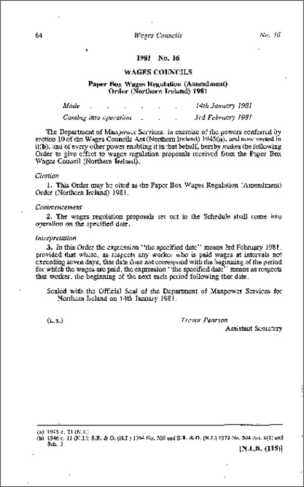 The Paper Box Wages Regulation (Amendment) Order (Northern Ireland) 1981