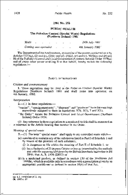 The Pollution Control (Special Waste) Regulations (Northern Ireland) 1981