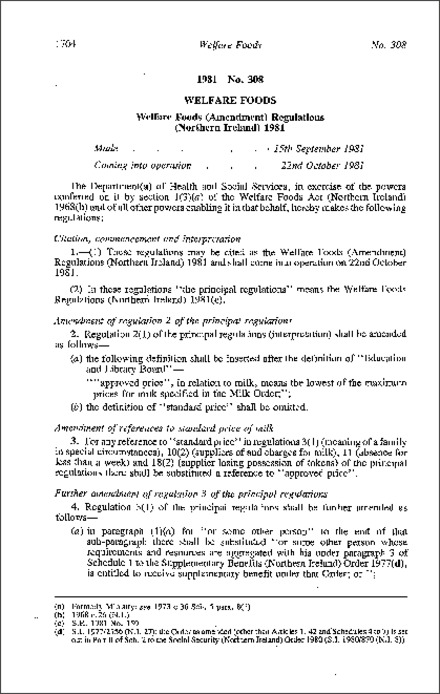 The Welfare Foods (Amendment) Regulations (Northern Ireland) 1981