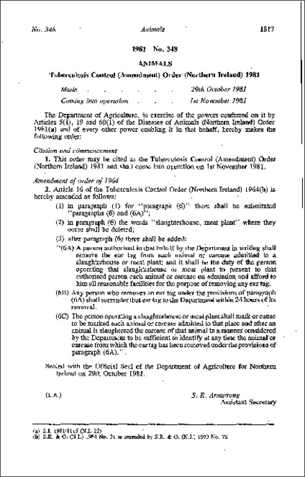 The Tuberculosis Control (Amendment) Order (Northern Ireland) 1981