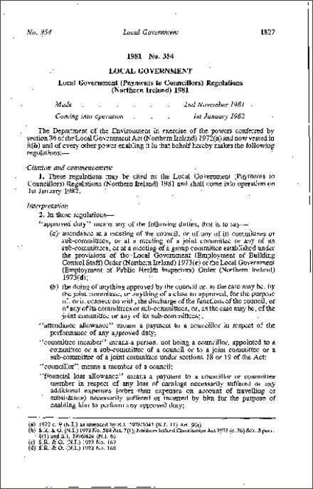 The Local Government (Payments to Councillors) Regulations (Northern Ireland) 1981