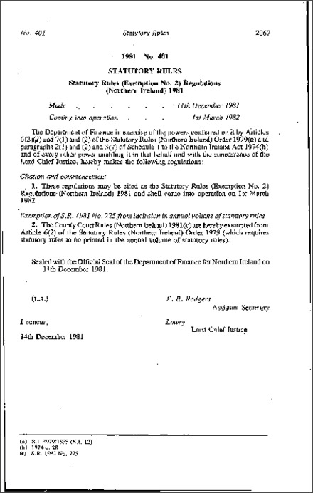 The Statutory Rules (Exemption No. 2) Regulations (Northern Ireland) 1981