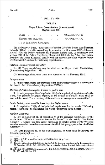 The Royal Ulster Constabulary (Amendment) Regulations (Northern Ireland) 1981