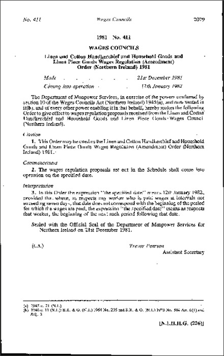The Linen and Cotton Handkerchief and Household Goods and Linen Piece Goods Wages Regulation (Amendment) Order (Northern Ireland) 1981