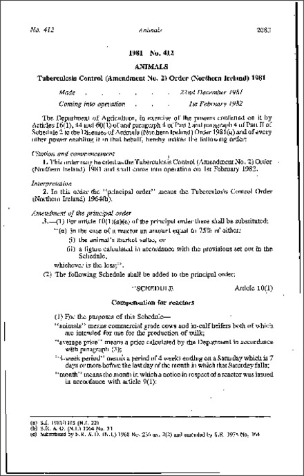The Tuberculosis Control (Amendment No. 2) Order (Northern Ireland) 1981