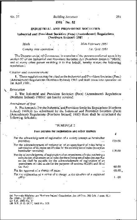 The Industrial and Provident Societies (Fees) (Amendment) Regulations (Northern Ireland) 1981
