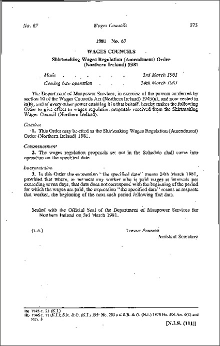 The Shirtmaking Wages Regulation (Amendment) Order (Northern Ireland) 1981
