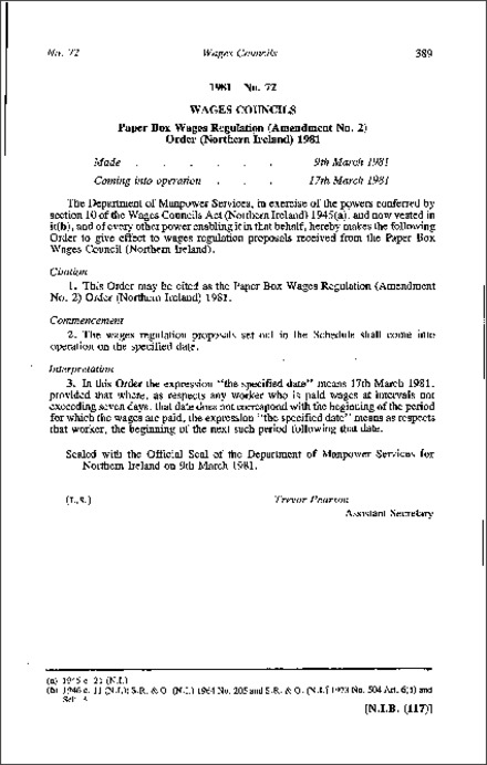 The Paper Box Wages Regulation (Amendment No. 2) Order (Northern Ireland) 1981