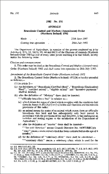 The Brucellosis Control and Markets (Amendment) Order (Northern Ireland) 1982