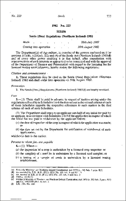 The Seeds (Fees) Regulations (Northern Ireland) 1982
