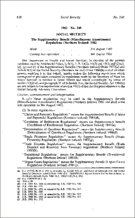 The Supplementary Benefit (Miscellaneous Amendment) Regulations (Northern Ireland) 1982