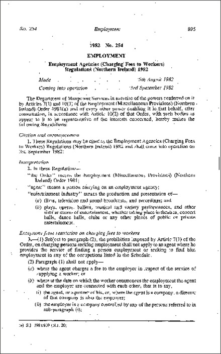 The Employment Agencies (Charging Fees to Workers) Regulations (Northern Ireland) 1982
