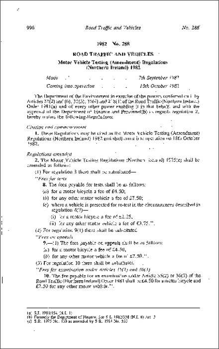 The Motor Vehicle Testing (Amendment) Regulations (Northern Ireland) 1982