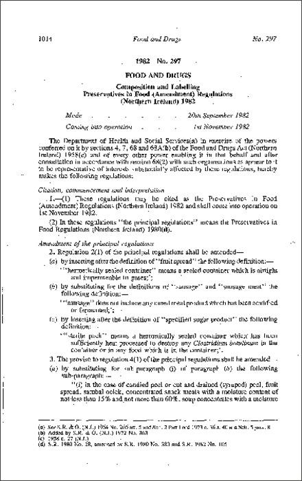 The Preservatives in Food (Amendment) Regulations (Northern Ireland) 1982