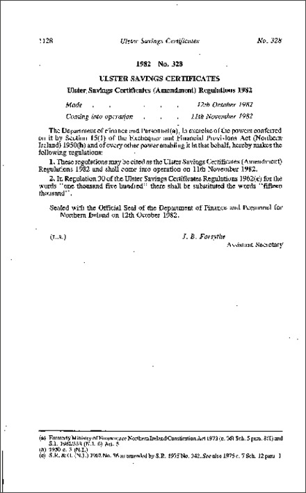 The Ulster Savings Certificates (Amendment) Regulations (Northern Ireland) 1982
