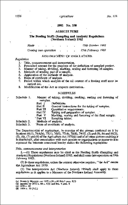 The Feeding Stuffs (Sampling and Analysis) Regulations (Northern Ireland) 1982