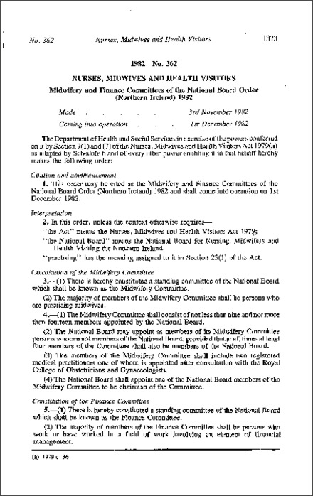 The Midwifery and Finance Committees of the National Board Order (Northern Ireland) 1982