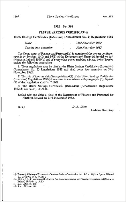 The Ulster Savings Certificates (Extension) (Amendment No. 2) Regulations (Northern Ireland) 1982