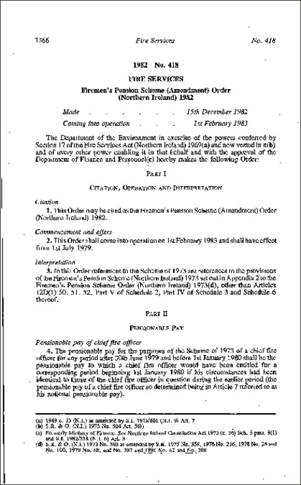 The Firemen's Pension Scheme (Amendment) Order (Northern Ireland) 1982