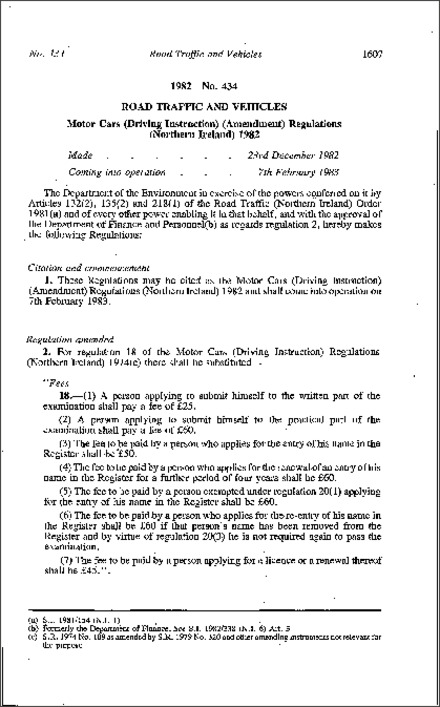 The Motor Cars (Driving Instruction) (Amendment) Regulations (Northern Ireland) 1982