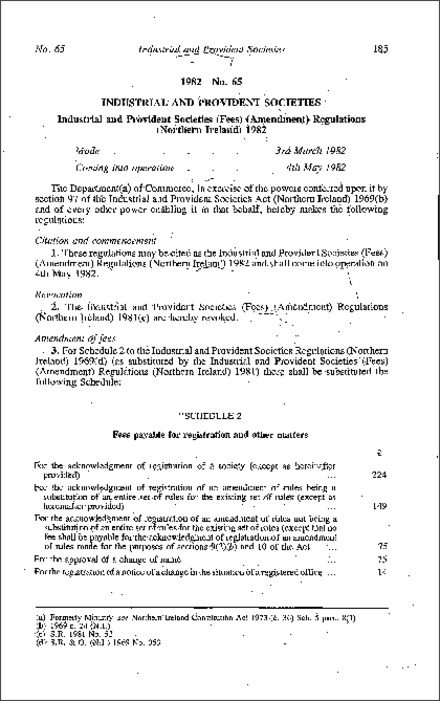 The Industrial and Provident Societies (Fees) (Amendment) Regulations (Northern Ireland) 1982