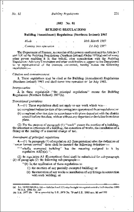 The Building (Amendment) Regulations (Northern Ireland) 1982