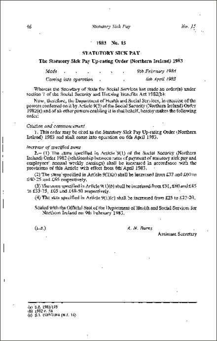 The Statutory Sick Pay Up-rating Order (Northern Ireland) 1983