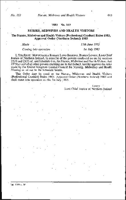 The Nurses, Midwives and Health Visitors (Professional Conduct) Rules 1983, Approval Order (Northern Ireland) 1983