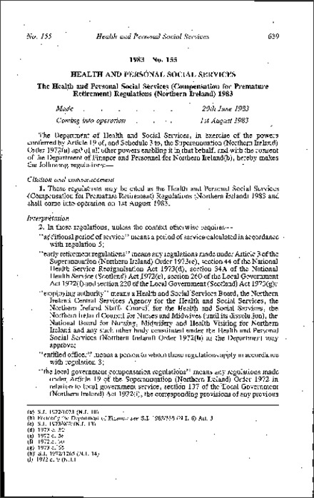 The Health and Personal Social Services (Compensation for Premature Retirement) Regulations (Northern Ireland) 1983