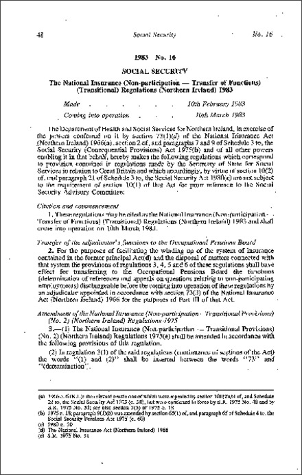 The National Insurance (Non-participation - Transfer of Functions) (Transitional) Regulations (Northern Ireland) 1983