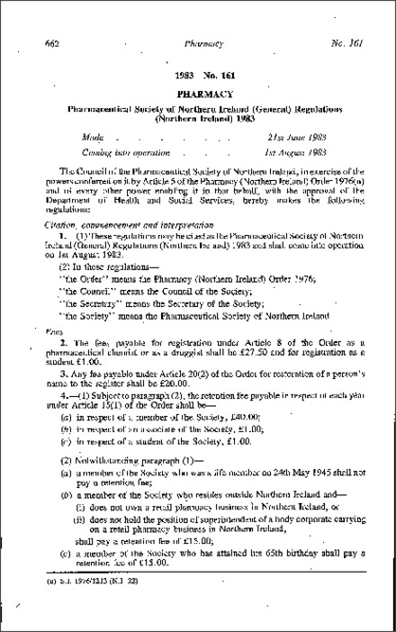 The Pharmaceutical Society of Northern Ireland (General) Regulations (Northern Ireland) 1983