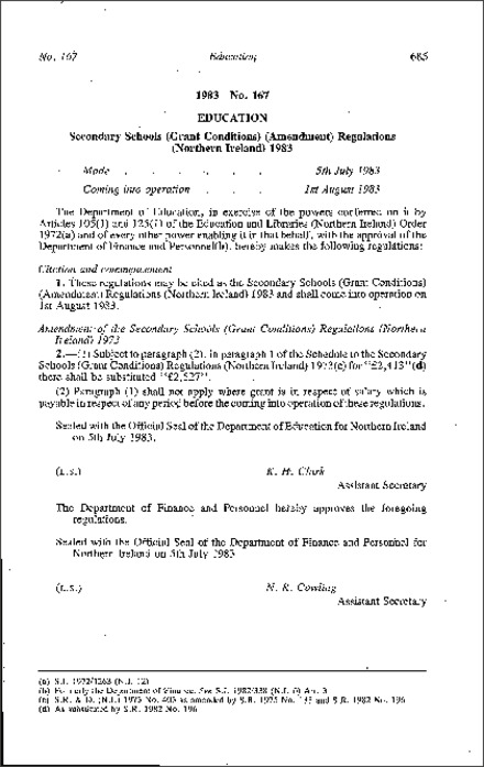 The Secondary Schools (Grant Conditions) (Amendment) Regulations (Northern Ireland) 1983