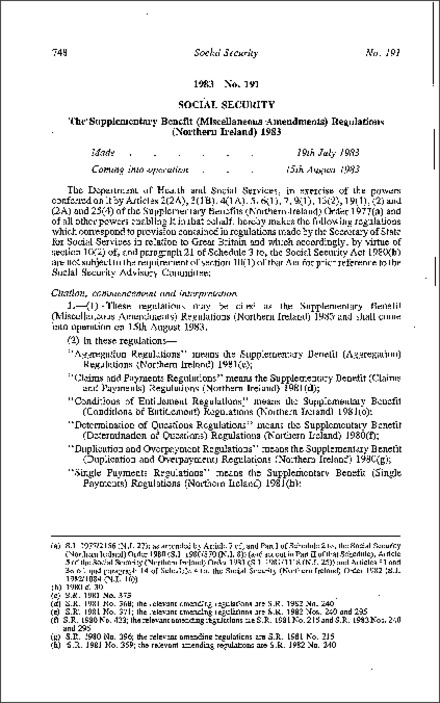The Supplementary Benefit (Miscellaneous Amendment) Regulations (Northern Ireland) 1983