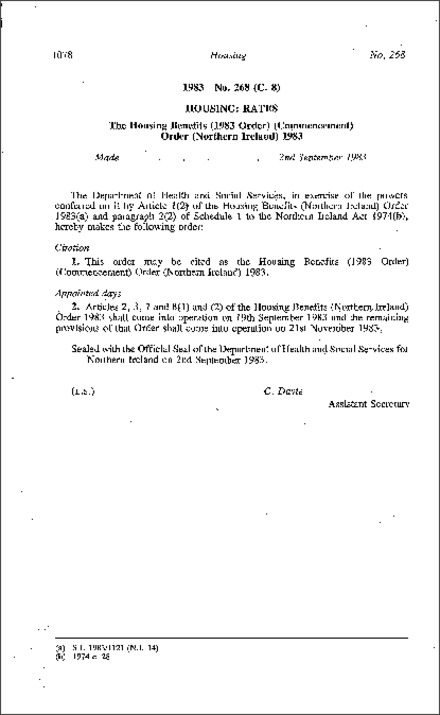 The Housing Benefits (1983 Order) (Commencement) Order (Northern Ireland) 1983