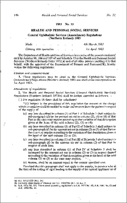 The General Ophthalmic Services (Amendment) Regulations (Northern Ireland) 1983
