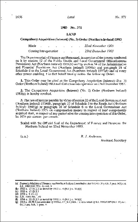 The Compulsory Acquisition (Interest) (No. 3) Order (Northern Ireland) 1983